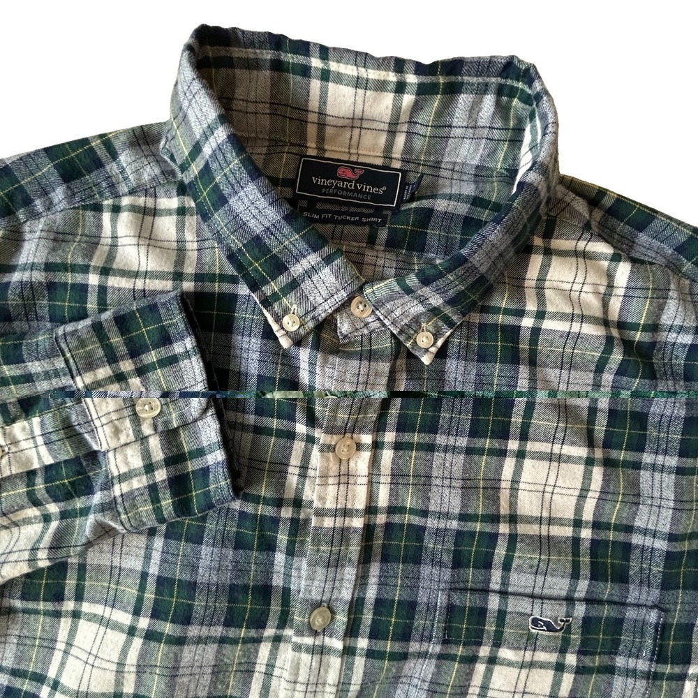 Vineyard Vines Performance Shirt Mens XL Blue Plaid Slim Fit Tucker Long Sleeve
